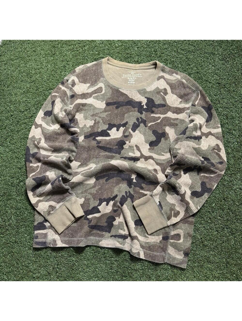 Y2K Faded Glory Camo Thermal Long Sleeve Shirt Waffle Mens Medium Skater Relax